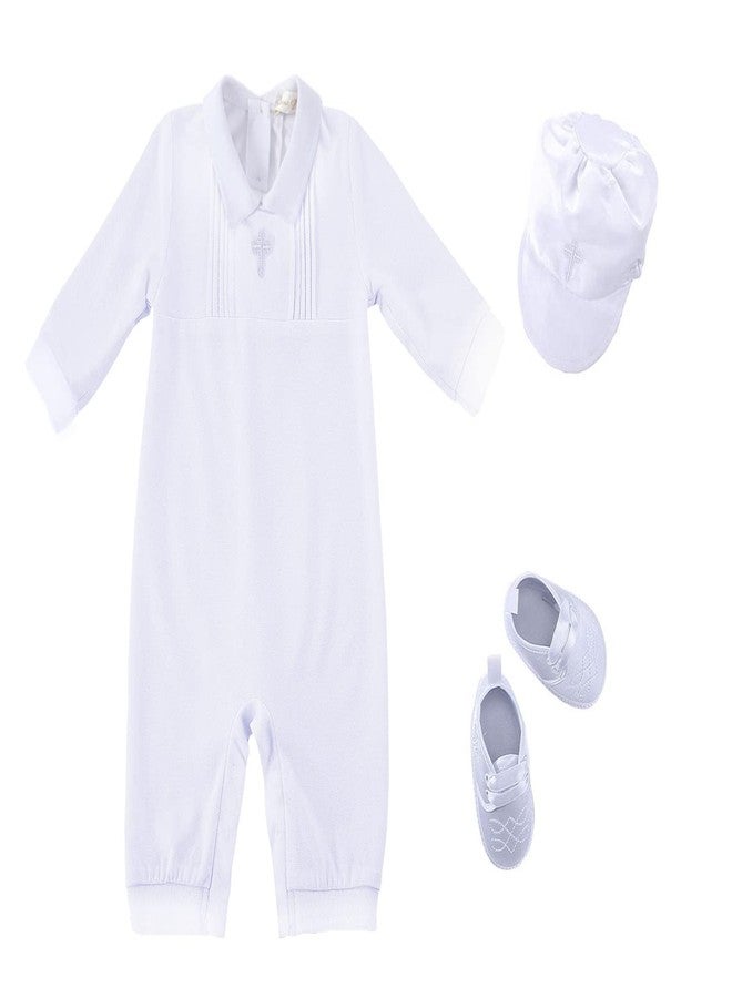 Bow Dream 3 pcs Baby Boy Baptism Outfit with Hat and Shoes Long Sleeve White 3-6 Months - Image 1