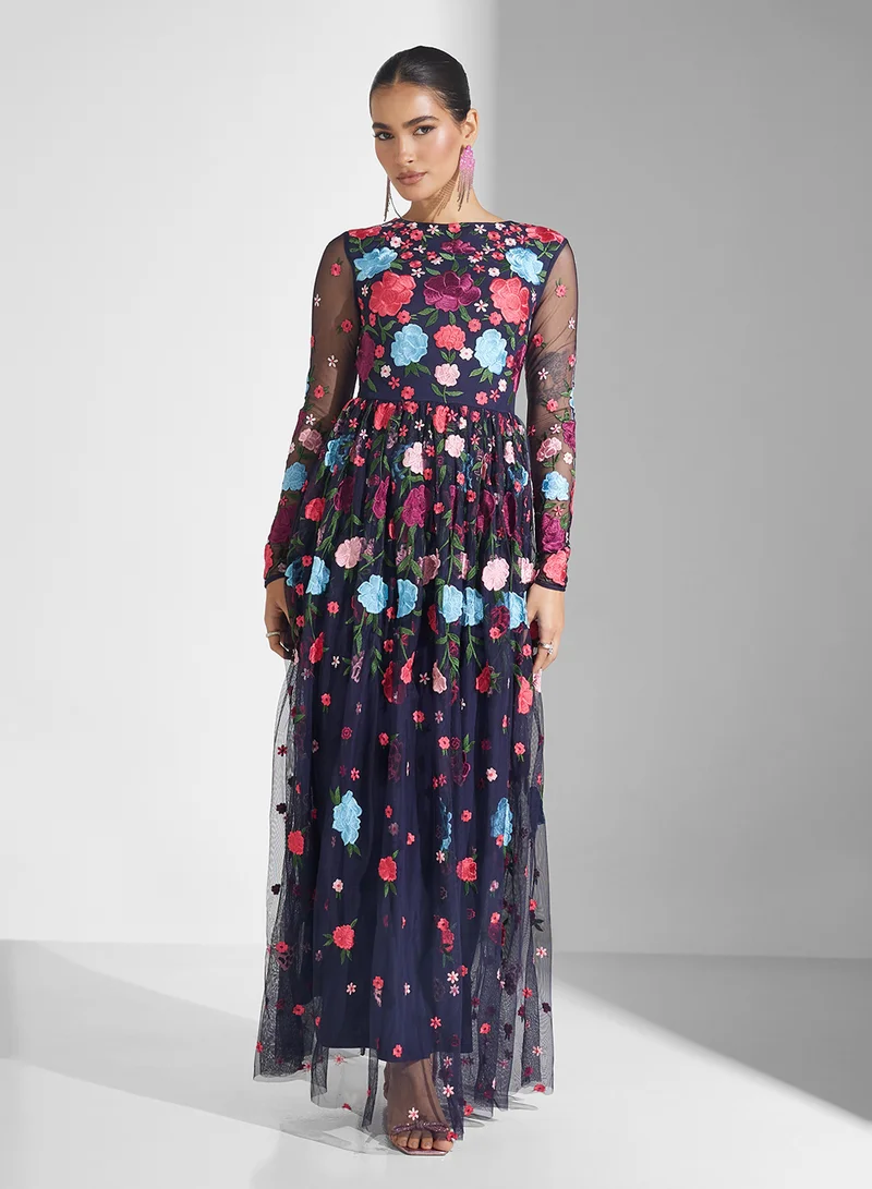 Frock and Frill Floral Embroidered Maxi Dress