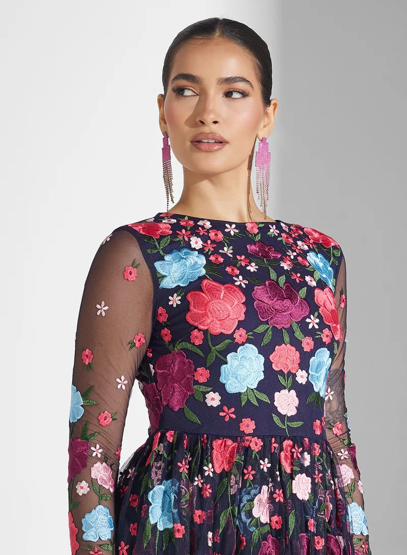 Frock and Frill Floral Embroidered Maxi Dress