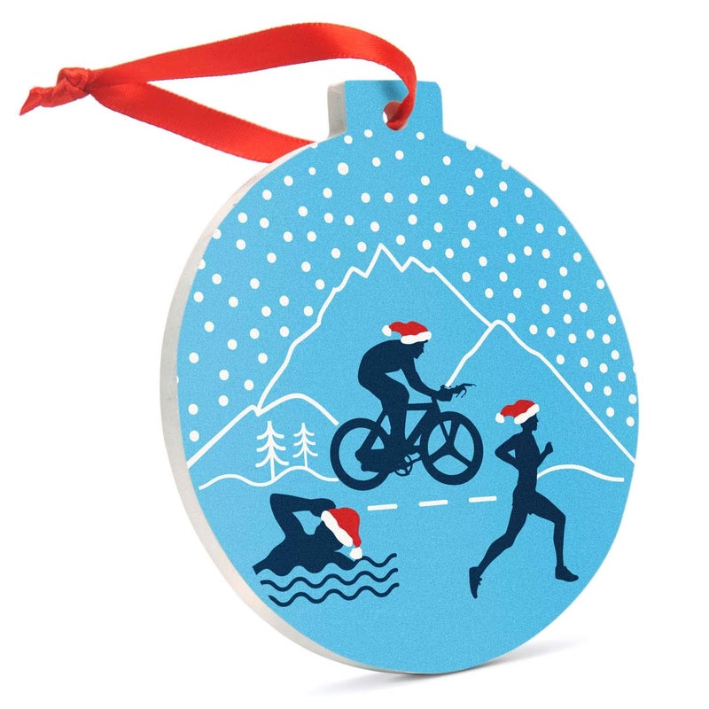 Gone for a Run Triathlon Round Ceramic Ornament  Silhouettes with Santa Hat