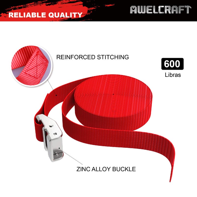 AWELCRAFT Lashing Tie Down Strap 8PK 1" x 12FT Cam Buckle Tie Down up to 600lbs, Red Color with Carry Bag - Image 2
