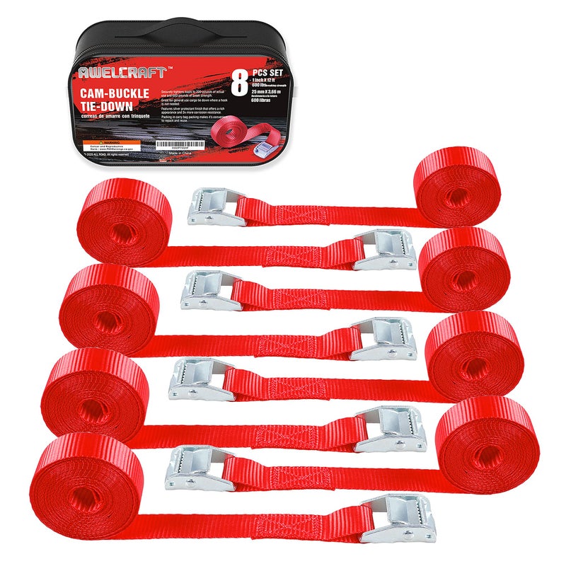 AWELCRAFT Lashing Tie Down Strap 8PK 1" x 12FT Cam Buckle Tie Down up to 600lbs, Red Color with Carry Bag - Image 1