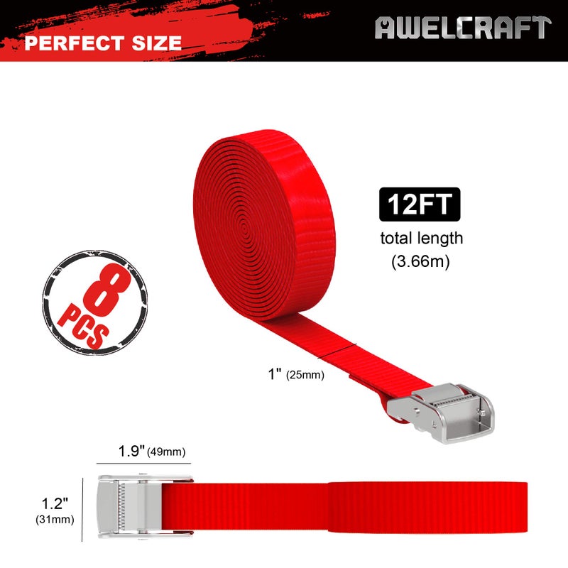 AWELCRAFT Lashing Tie Down Strap 8PK 1" x 12FT Cam Buckle Tie Down up to 600lbs, Red Color with Carry Bag - Image 4