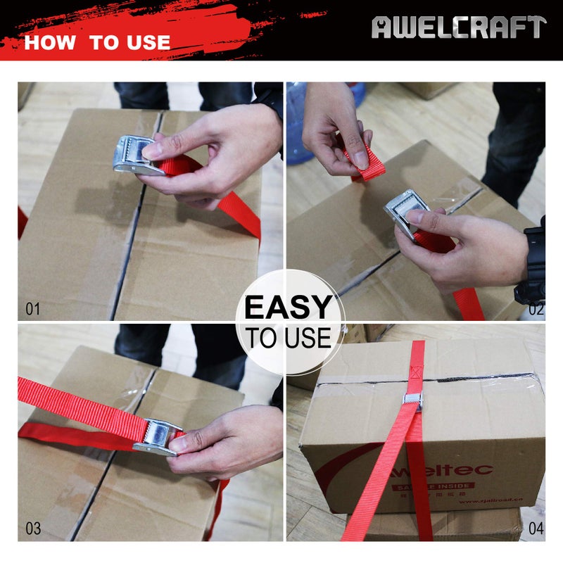 AWELCRAFT Lashing Tie Down Strap 8PK 1" x 12FT Cam Buckle Tie Down up to 600lbs, Red Color with Carry Bag - Image 5
