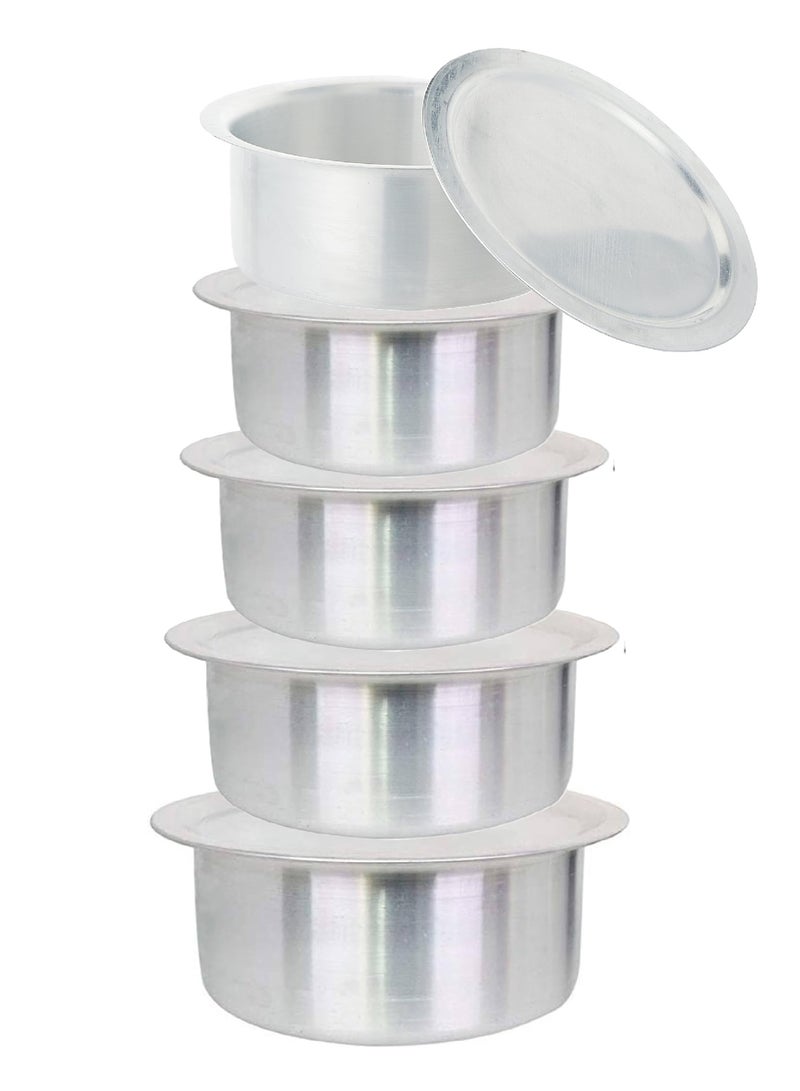 RAJ Set of 5 aluminum pots with flat, saucer-shaped lids, made in India, sizes 12/16/20/24/28 cm - Image 1