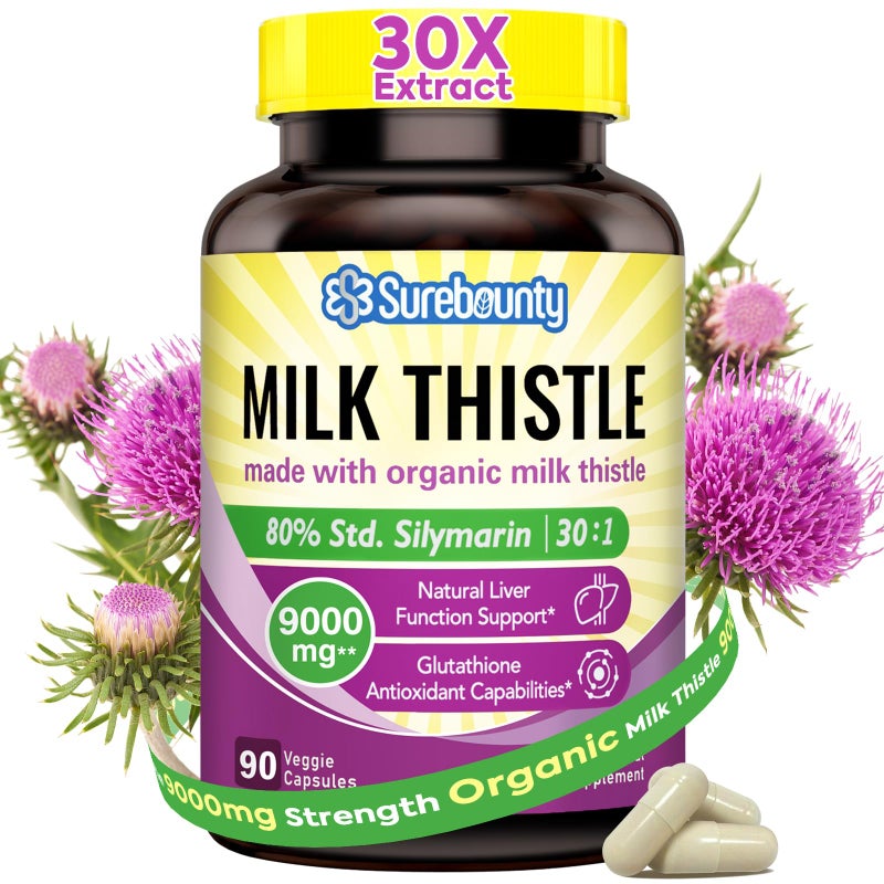 Surebounty Organic Milk Thistle 9000 mg Equivalent 30X Concentrated Seed Extract 80 Silymarin Liver Support Cleanse Detox Fatty Liver Supplements NonGMO No Gluten Soy 90 Veggie Caps 3 Month Supply 