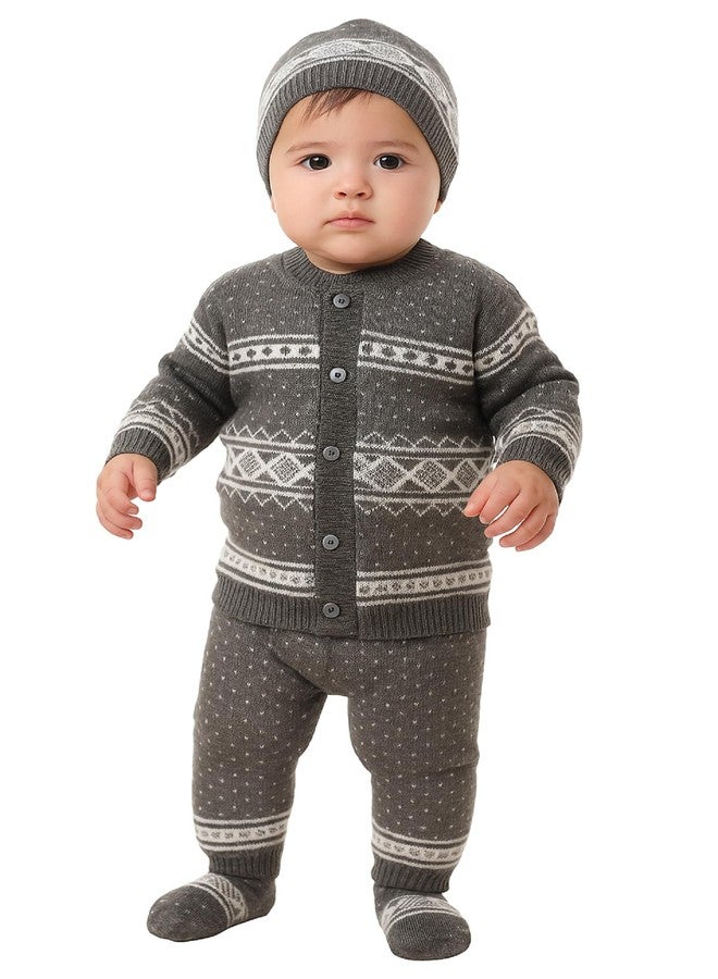 Zuvim Premium Baby Sweater Set for Winter | Woolen Long Sleeves Sweater, Full Pant, Cap & Socks Pair | Warm Knitted Wool Set for Baby Boys & Girls (Grey, 0-3 months)