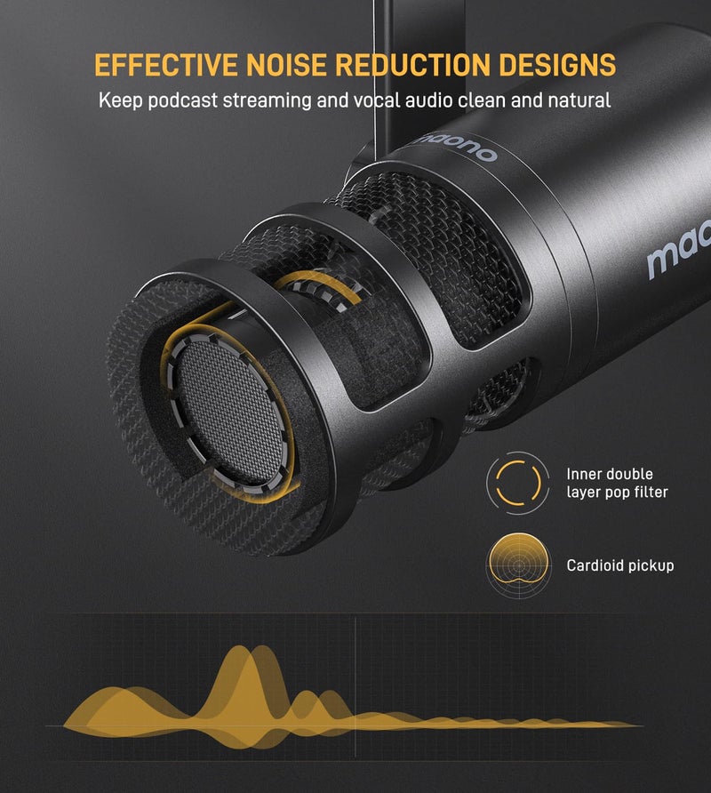 MAONO XLR Dynamic Microphone for Podcast: Cardioid Studio Mic with Boom Arm for Recording, Streaming, VoiceOver, Voice Isolation Technology, Metal Mic, Works for Audio Interface/Mixer/SoundCard-PD100S - Image 2