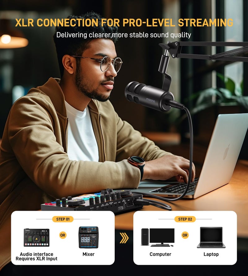 MAONO XLR Dynamic Microphone for Podcast: Cardioid Studio Mic with Boom Arm for Recording, Streaming, VoiceOver, Voice Isolation Technology, Metal Mic, Works for Audio Interface/Mixer/SoundCard-PD100S - Image 4