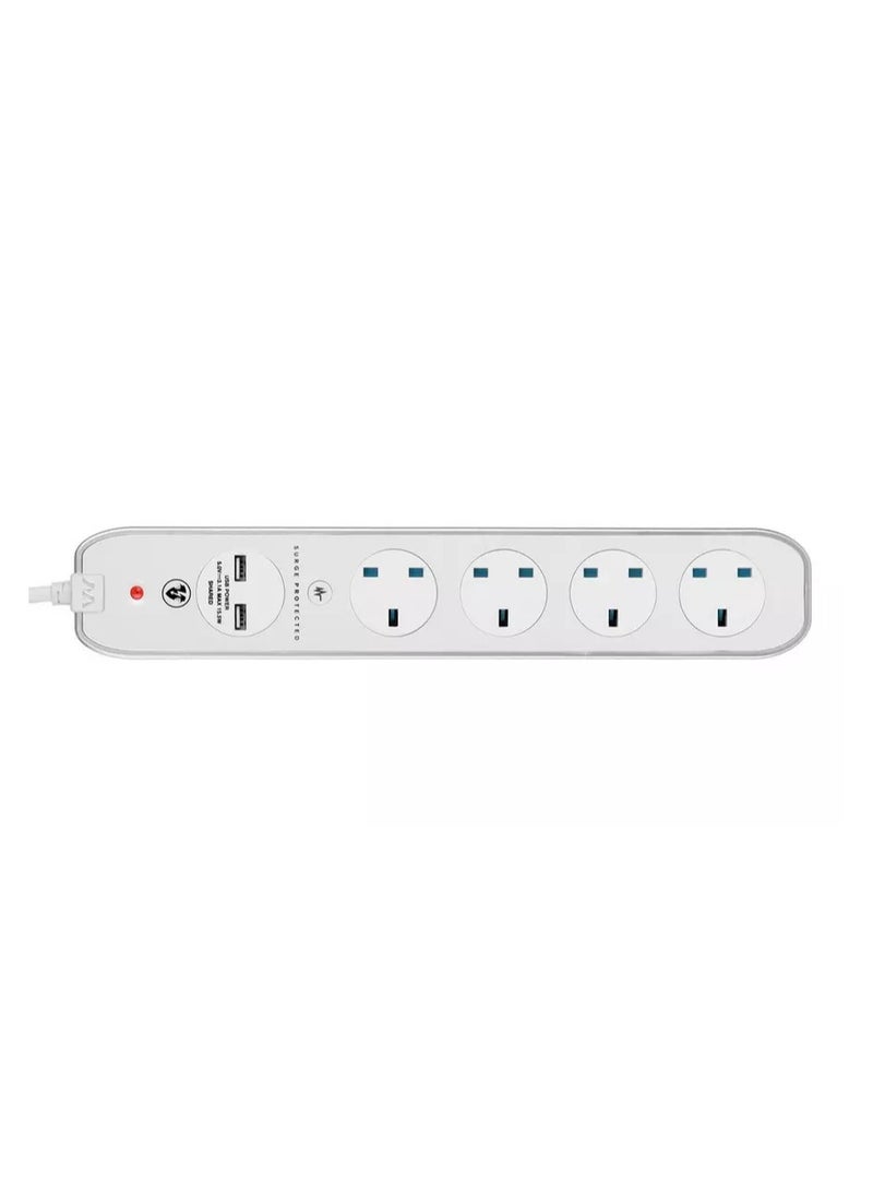 MASTERPLUG High Gloss Extension Lead 4 Meter 4 Sockets 2 USB Surge Protection  - Image 1