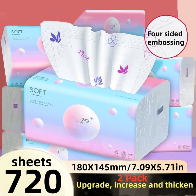 2 Packs of 720 Sheets Premium Soft Absorbent 4D Embossed Illusion Color Facial Tissues No Fluorescent Dye Free Thick Paper for Kitchen Bathroom Living Room Daily Household Use - Image 1