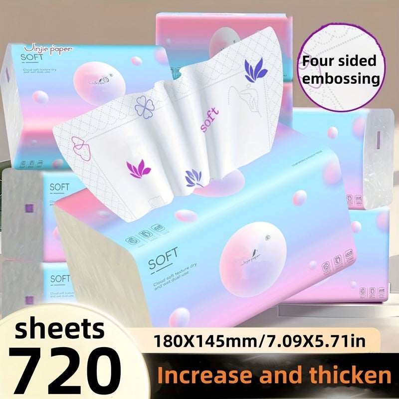 2 Packs of 720 Sheets Premium Soft Absorbent 4D Embossed Illusion Color Facial Tissues No Fluorescent Dye Free Thick Paper for Kitchen Bathroom Living Room Daily Household Use - Image 2