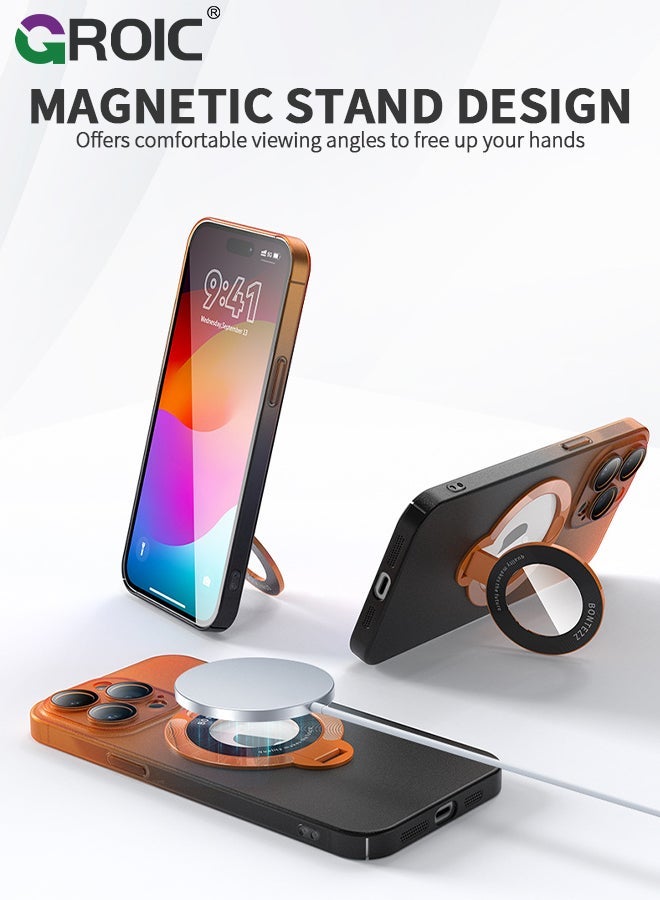 GROIC iPhone 15 Pro Orange Case, Slim Fit Ring Holder Shockproof Kickstand Magnetic Support Magsafe Non-Slip Protective, Women Girls Men Boys Cover for - Image 2