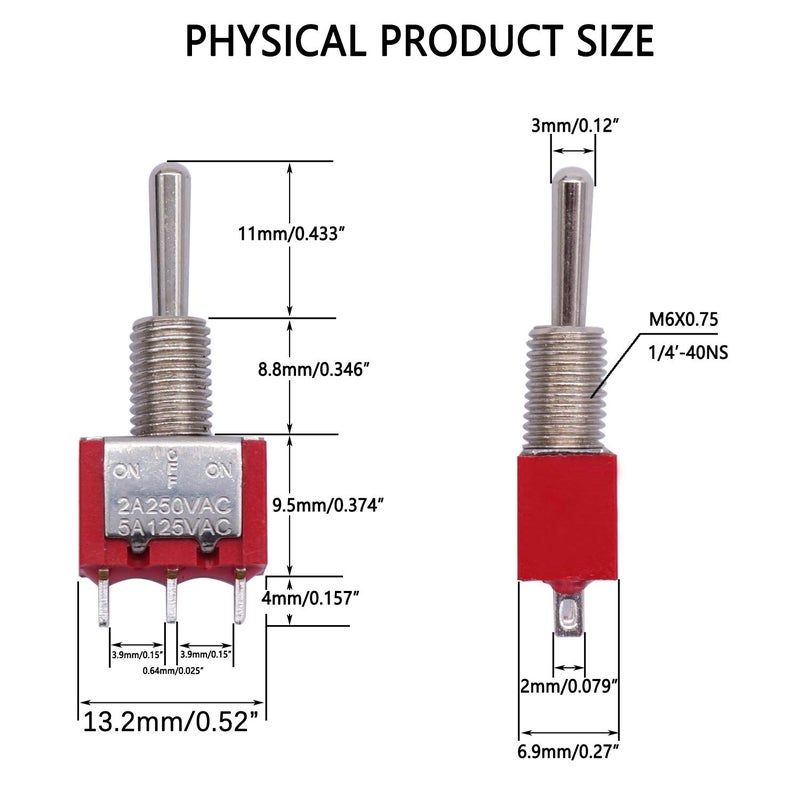 Twidec /6Pcs Mini Momentary Toggle Switch SPDT 3 Position 3 Pins (0N)-Off-(ON) Miniature Toggle Switch AC 5A/125V 2A/250V Car Boat Switches with Waterproof Cap MTS-123-MZ - Image 3