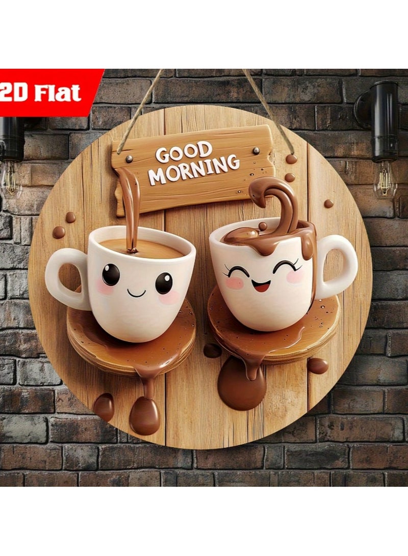 “Good Morning” Coffee Mug Wall Plaque – 20cm Pre-Drilled Wooden Sign with Smiling Cup Design - Image 1