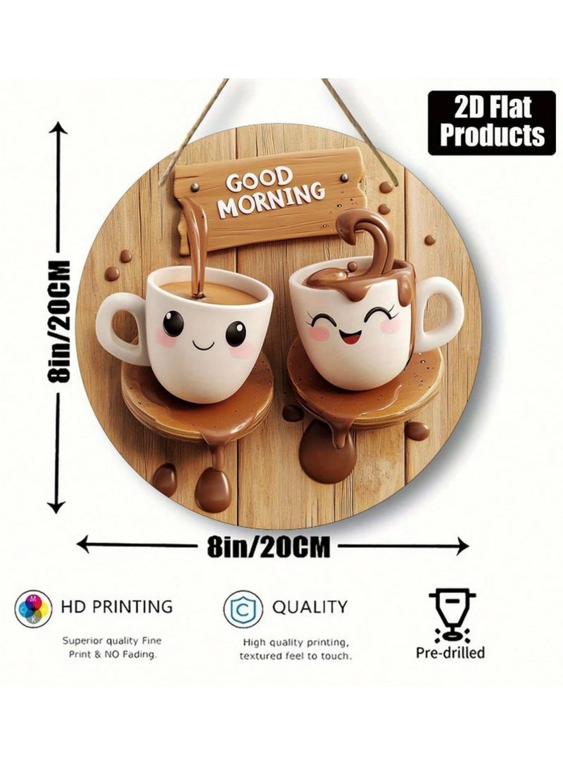 “Good Morning” Coffee Mug Wall Plaque – 20cm Pre-Drilled Wooden Sign with Smiling Cup Design - Image 2