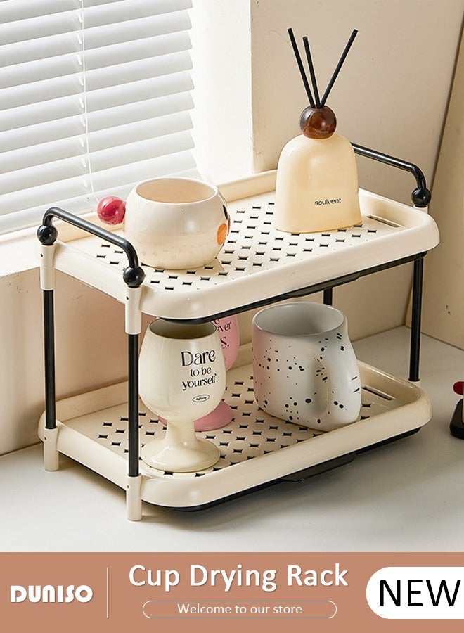 DUNISO 2-Tier Cups Mugs Drying Rack with Removable Drain Tray,Multi-Functional Storage Rack with Handle, Countertop Coffee Cup Organizer Shelf,Countertop Bathroom Organizer,Tray Holder for Home, Bathroom, Kitchen Glass cup and Food  - Image 1