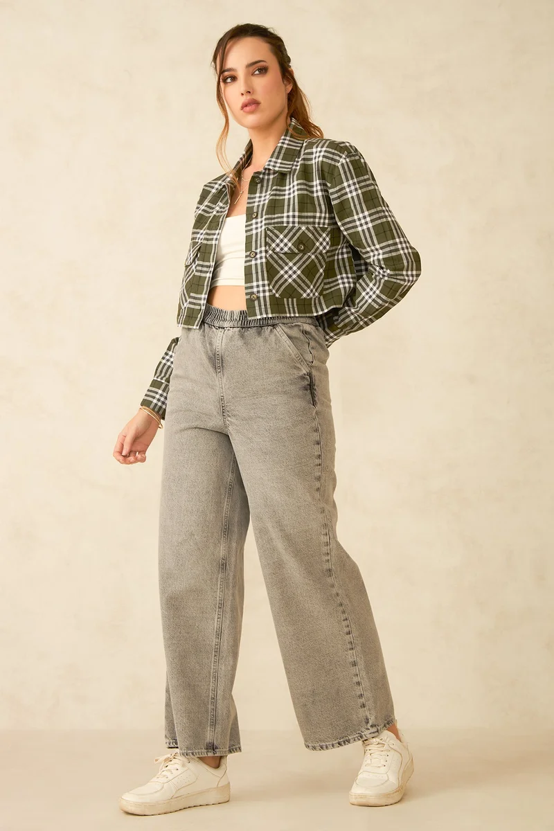 Virgio Solid Cotton Wideleg Elasticated Waist Denim for Women