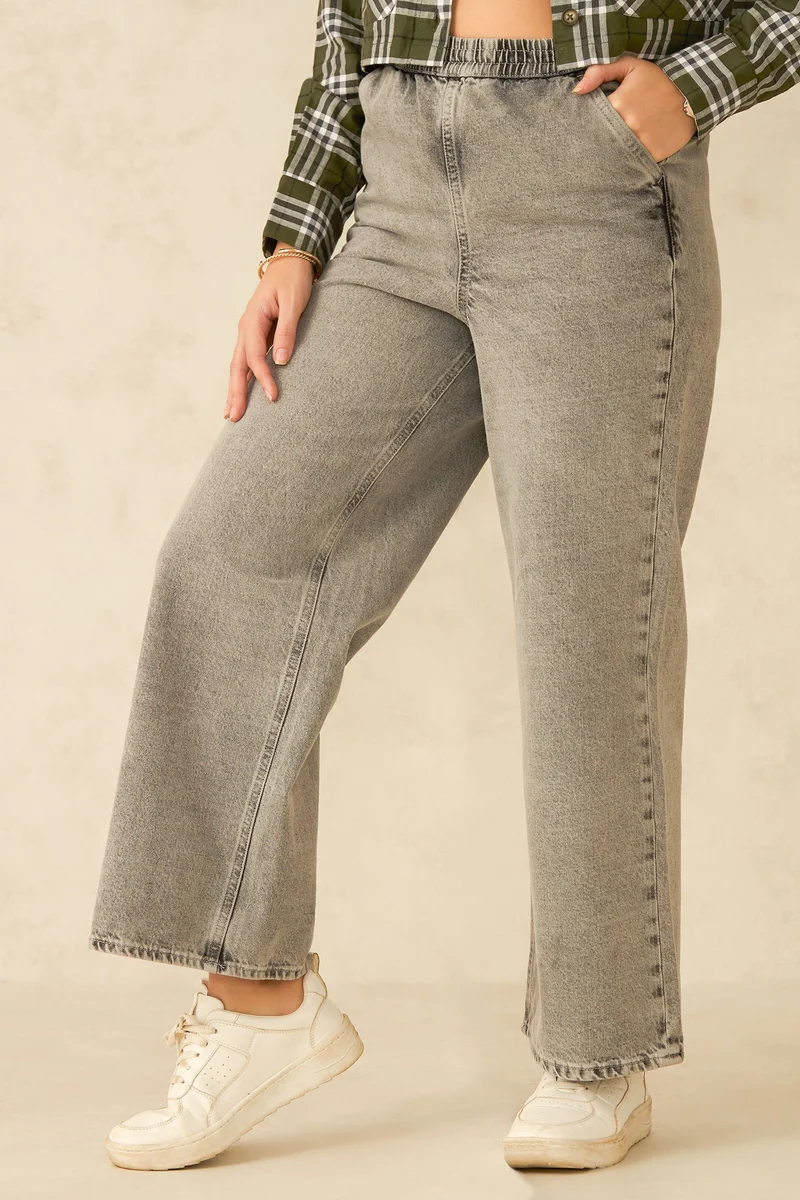 Virgio Solid Cotton Wideleg Elasticated Waist Denim for Women