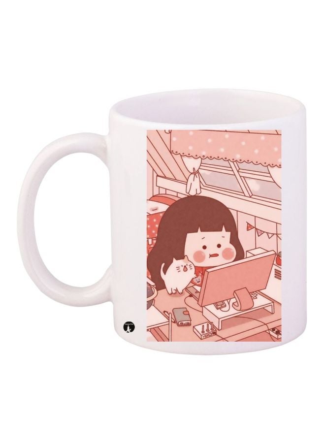 RYN Cartoon Printed Coffee Mug White/Beige/Pink 11ounce