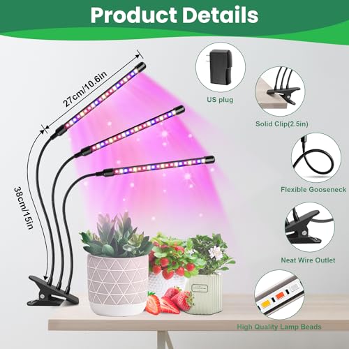 Garpsen Led Grow Light, 2PCS 3 Heads Full Spectrum Clip Plant Light for Indoor Plants, 120 LEDs Grow Lights, with 3 Switch Modes & Auto ON/Off 6/12/16H Timer, 5 Dimmable Levels (Red Blue Warm White) - Image 5