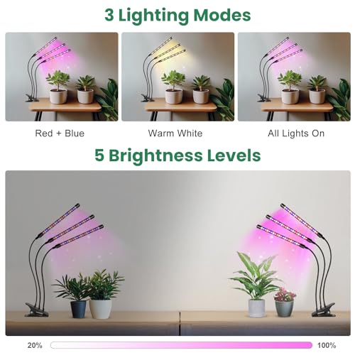 Garpsen Led Grow Light, 2PCS 3 Heads Full Spectrum Clip Plant Light for Indoor Plants, 120 LEDs Grow Lights, with 3 Switch Modes & Auto ON/Off 6/12/16H Timer, 5 Dimmable Levels (Red Blue Warm White) - Image 4