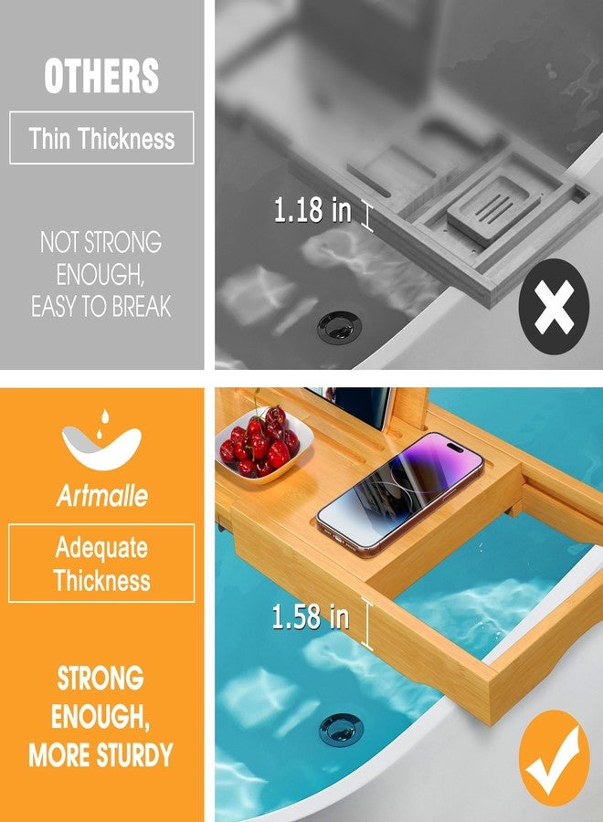 Artmalle Bathtub Caddy Tray for Tub, Expandable Bamboo Bath Table Tray with Book Stand for Home Spa Relaxing, Foldable Minimalist Bathroom Accessories for Women Men (Simple, Natural) (Natural) - Image 3