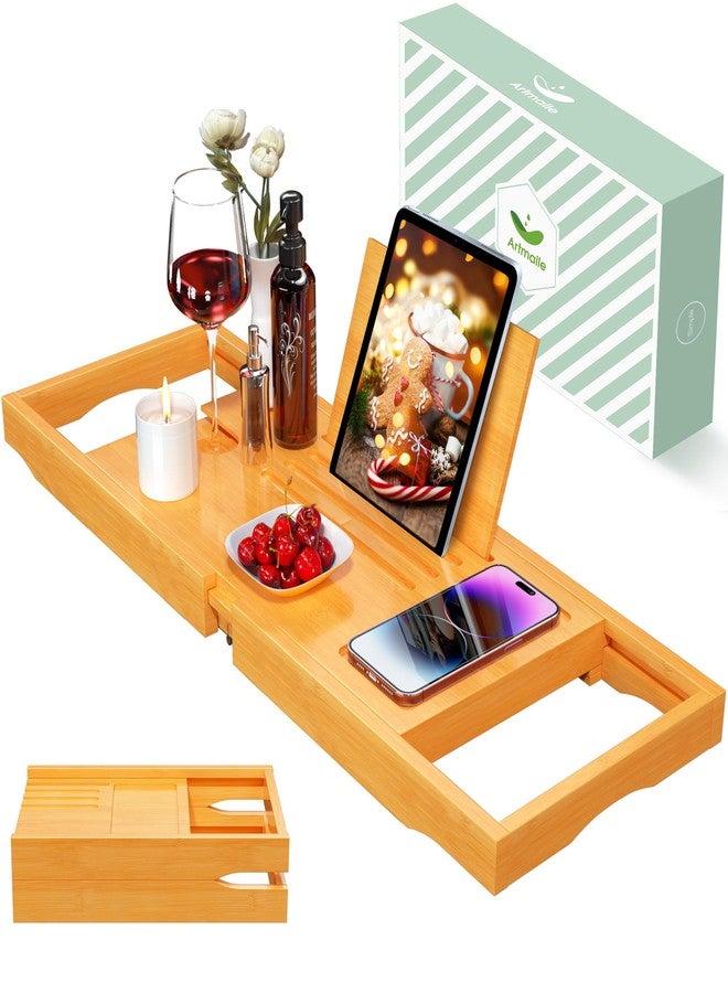 Artmalle Bathtub Caddy Tray for Tub, Expandable Bamboo Bath Table Tray with Book Stand for Home Spa Relaxing, Foldable Minimalist Bathroom Accessories for Women Men (Simple, Natural) (Natural) - Image 1