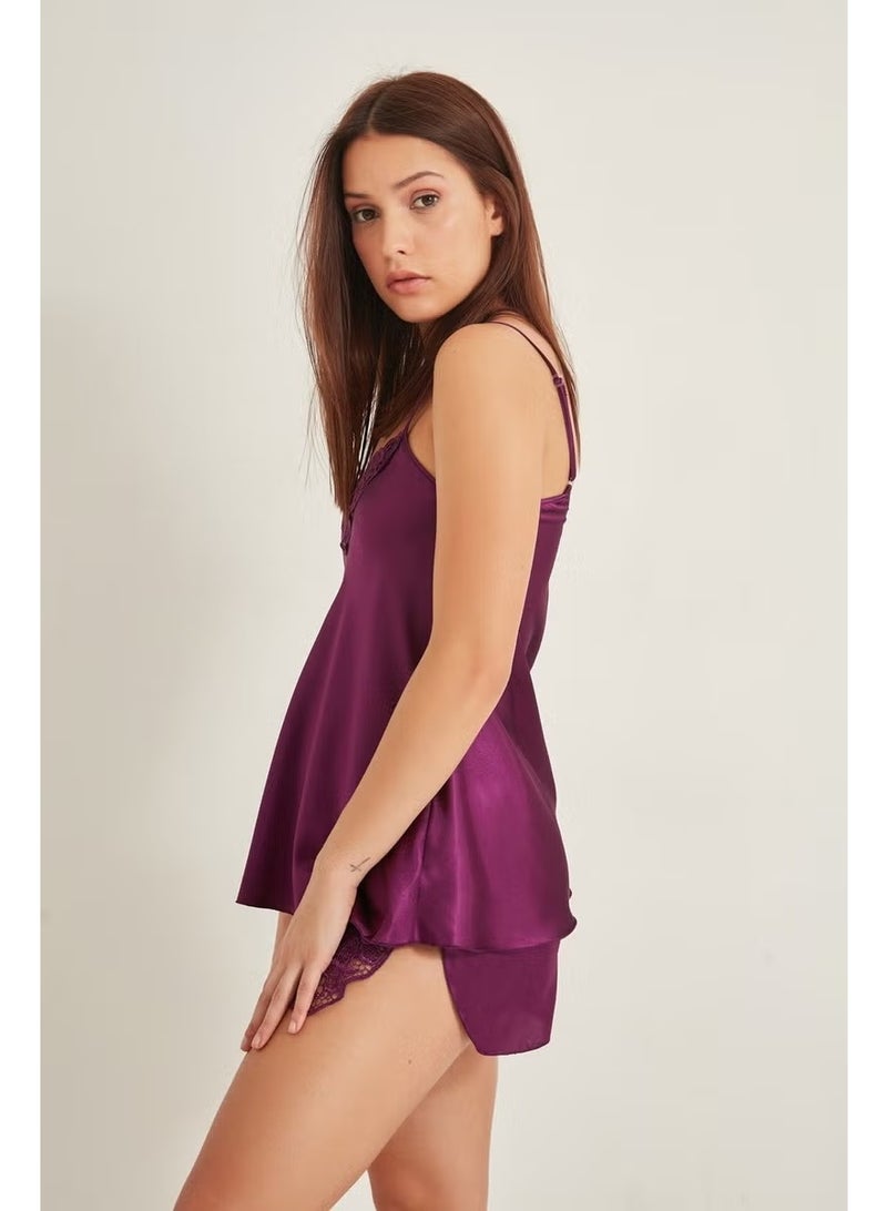 C&city 025 Women's Satin Shorts Nightgown Purple - Image 2