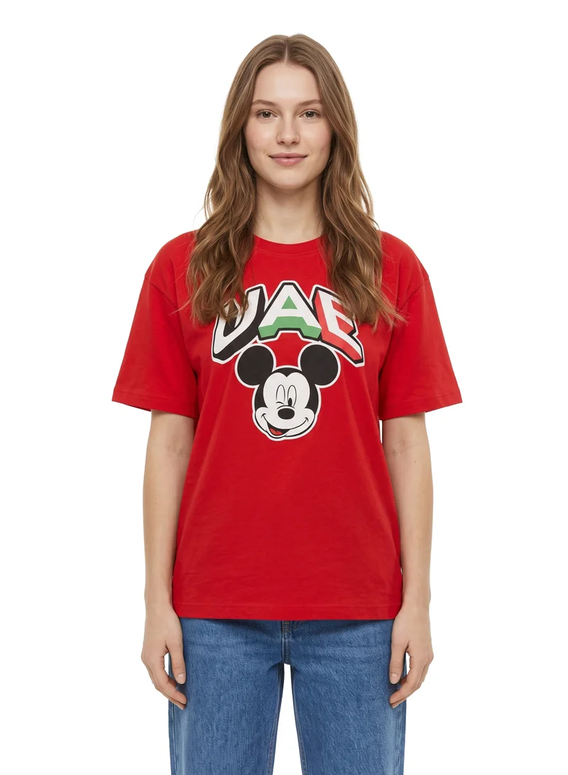 Disney Mickey Mouse Women’s Drop-Shoulder T-Shirt | UAE Flag Graphic Print Short-Sleeve Crew-Neck Casual Tee – Red