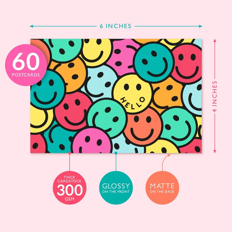 Sweetzer & Orange Hello Postcards Pack (60 Greeting Slips) – 4x6 Gratitude for Kids & Adults, 300gsm Writing Sheets. Blank Greeting Cards, Smiley Face Welcome Letters for Sending Cheerful Wishes - Image 2
