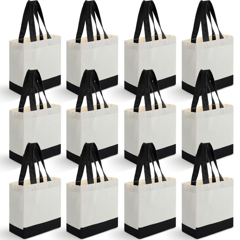 Sanwuta 12 Pack Mini Canvas Tote Bag 8'' x 4'' x 10'' Small Sublimation Blank Canvas Bags Reusable Tote for Christmas Crafts DIY Party Gifts (beige-black) - Image 1