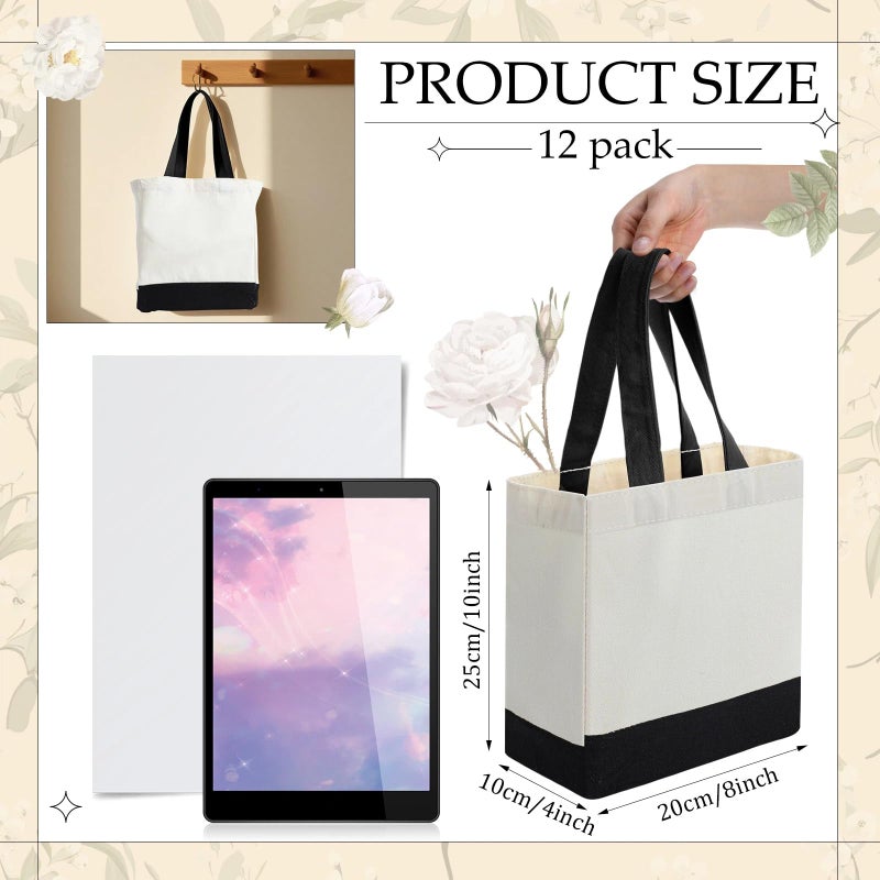 Sanwuta 12 Pack Mini Canvas Tote Bag 8'' x 4'' x 10'' Small Sublimation Blank Canvas Bags Reusable Tote for Christmas Crafts DIY Party Gifts (beige-black) - Image 2
