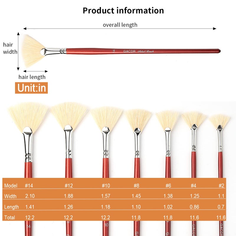 GACDR Fan Brush for Painting, 7 Pieces Fan Brush Set with Hog Bristle Natural Hair and Long Wood Handle, Professional Artist Fan Brushes for Acrylic Painting,Oil Watercolor Painting - Image 2