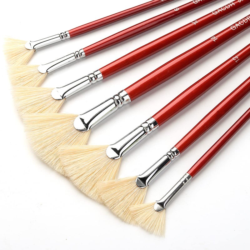 GACDR Fan Brush for Painting, 7 Pieces Fan Brush Set with Hog Bristle Natural Hair and Long Wood Handle, Professional Artist Fan Brushes for Acrylic Painting,Oil Watercolor Painting - Image 1