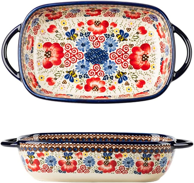 Bicuzat Vintage Style Ceramic Lasagna Dish with Handles for Oven/Kitchen/Cooking - 1 Piece - Red Flowers - 623.7 g - Image 1