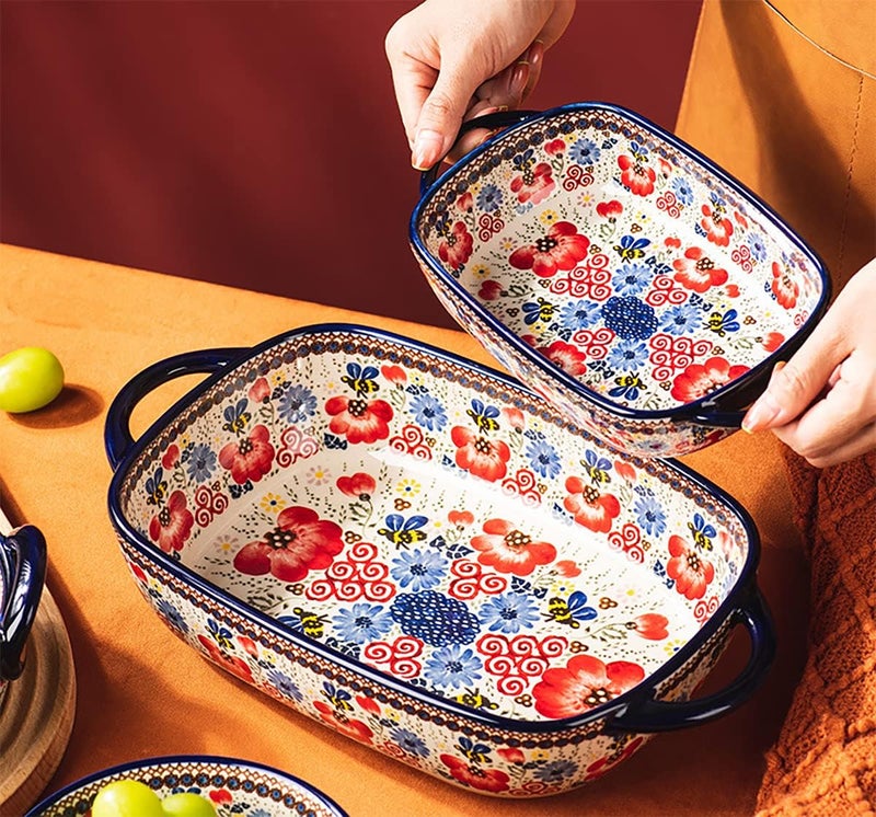 Bicuzat Vintage Style Ceramic Lasagna Dish with Handles for Oven/Kitchen/Cooking - 1 Piece - Red Flowers - 623.7 g - Image 3
