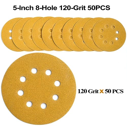 Aiyard 5-Inch 8-Hole Hook and Loop Sanding Discs 120-Grit Random Orbit Sandpaper, 50-Pack - Image 3