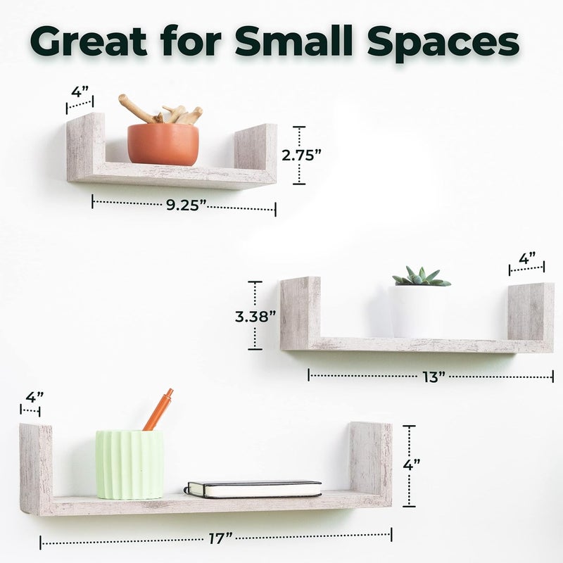 Greenco Set of 3 Floating “U” Shelves, Easy-to-Assemble Floating Wall Mount Shelves for Bedrooms and Living Rooms, Rustic White Finish - Image 2