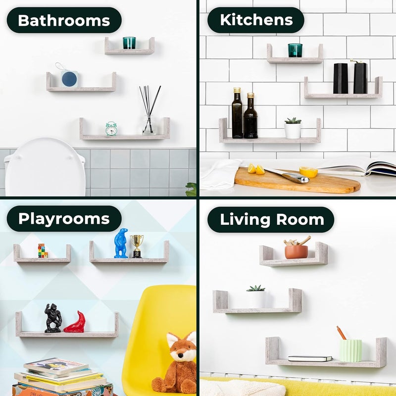 Greenco Set of 3 Floating “U” Shelves, Easy-to-Assemble Floating Wall Mount Shelves for Bedrooms and Living Rooms, Rustic White Finish - Image 5