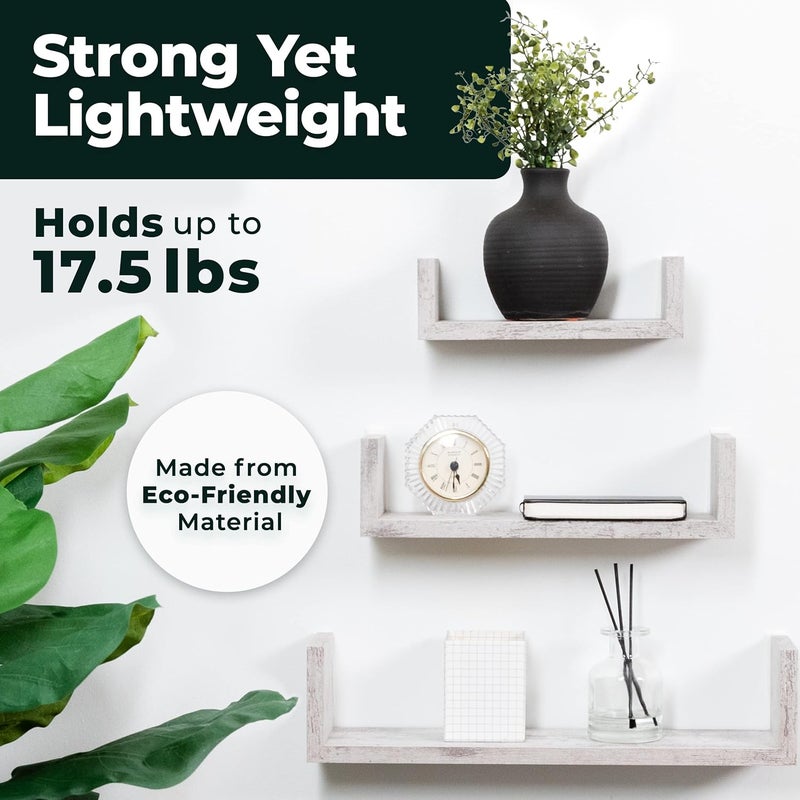 Greenco Set of 3 Floating “U” Shelves, Easy-to-Assemble Floating Wall Mount Shelves for Bedrooms and Living Rooms, Rustic White Finish - Image 3