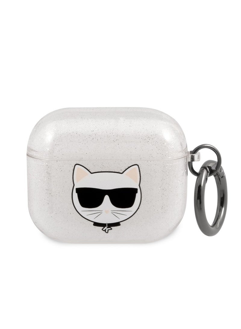 كارل لاغرفيلد جراب TPU Choupette Glitter Case لسماعات Apple Airpods 3 / متوافق مع الشحن اللاسلكي / مقاس مخصص / مادة TPU / تصميم لامع - فضي - Image 1
