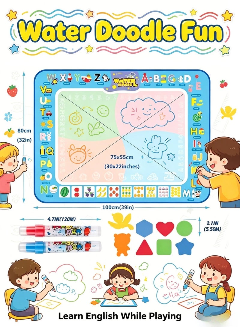 Water Magic Doodle Mat 100x80cm, Mess-Free Reusable Aqua Drawing Pad with 2 Water Pens & Shape Stencils, Educational Painting Toy for Toddlers Boys Girls, Non-Toxic, Easy Clean, Ideal Gift for Kids 2-8 Years Old - Image 1