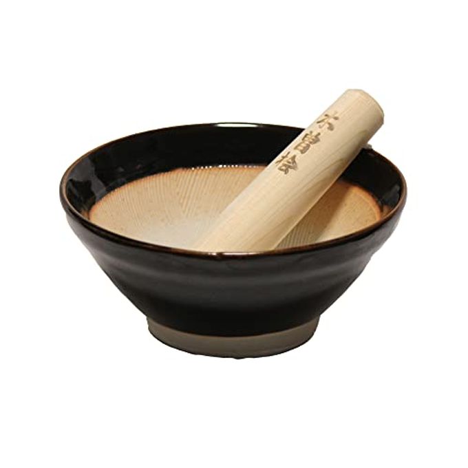 Made in Japan Ripple Ridge Mortar and Pestle Suribachi and Surikogi Set Small 5.91 Inches for Both Right and Left Handed Black Authentic Mino Ware Pottery K81714