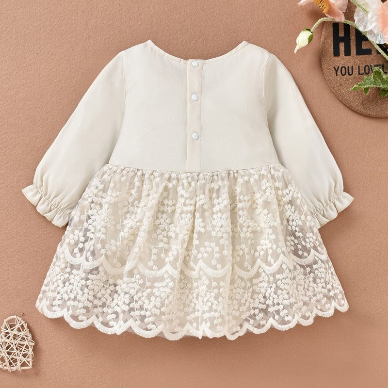 IBAKOM Newborn Infant Baby Girl Fall Winter Romper Dress White Beige Boho Lace Floral Dress Toddler Long Sleeve Bodysuit Crochet Dress Baptism Christening First Communion Dress Beige 3-6M - Image 2