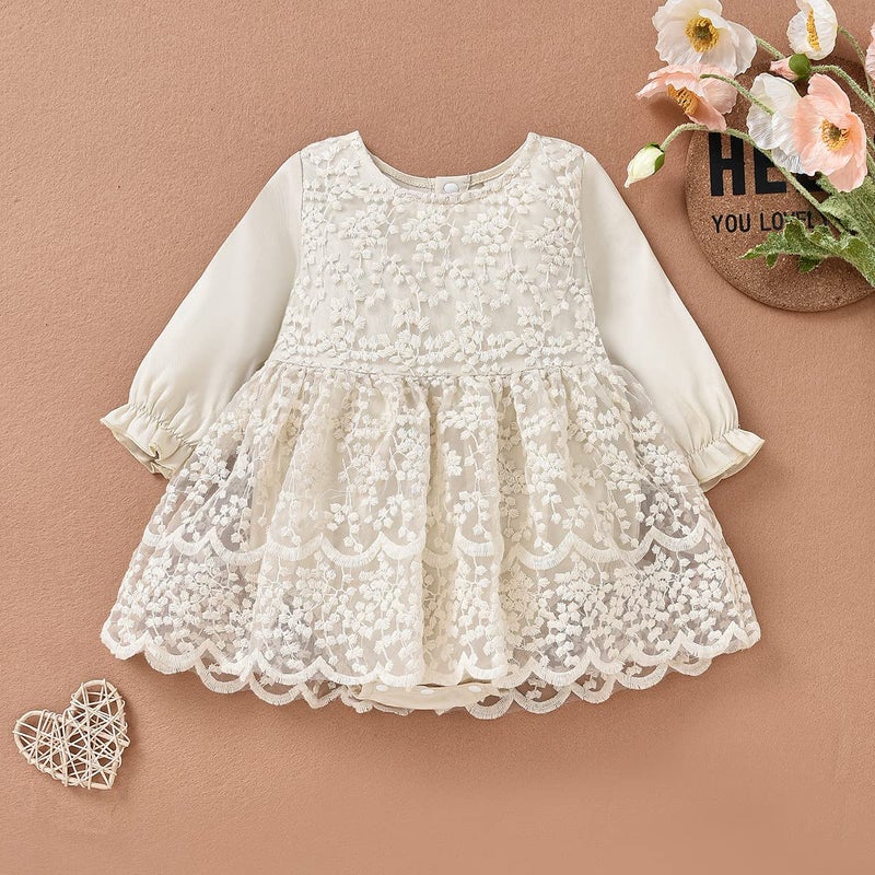 IBAKOM Newborn Infant Baby Girl Fall Winter Romper Dress White Beige Boho Lace Floral Dress Toddler Long Sleeve Bodysuit Crochet Dress Baptism Christening First Communion Dress Beige 3-6M - Image 3