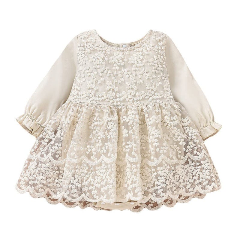 IBAKOM Newborn Infant Baby Girl Fall Winter Romper Dress White Beige Boho Lace Floral Dress Toddler Long Sleeve Bodysuit Crochet Dress Baptism Christening First Communion Dress Beige 3-6M - Image 1