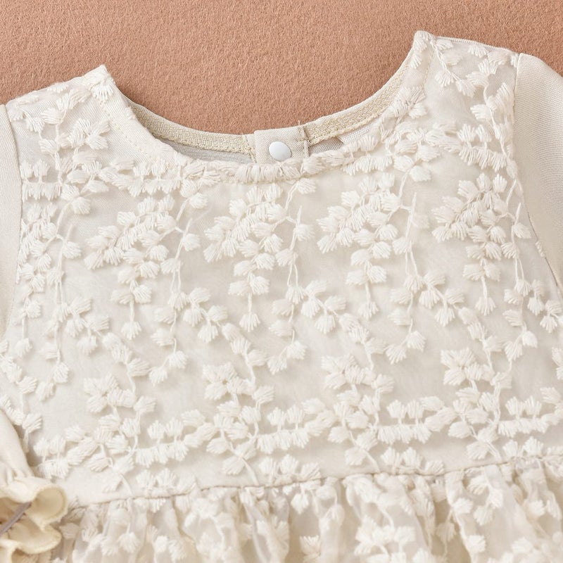 IBAKOM Newborn Infant Baby Girl Fall Winter Romper Dress White Beige Boho Lace Floral Dress Toddler Long Sleeve Bodysuit Crochet Dress Baptism Christening First Communion Dress Beige 3-6M - Image 4