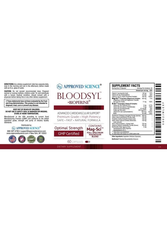 Approved Science - Bloodsyl Blood Pressure And Cholesterol Support Hawthorne Magnesium Bioperine 60 Vegan Friendly Capsules 1 Bottle - Image 1