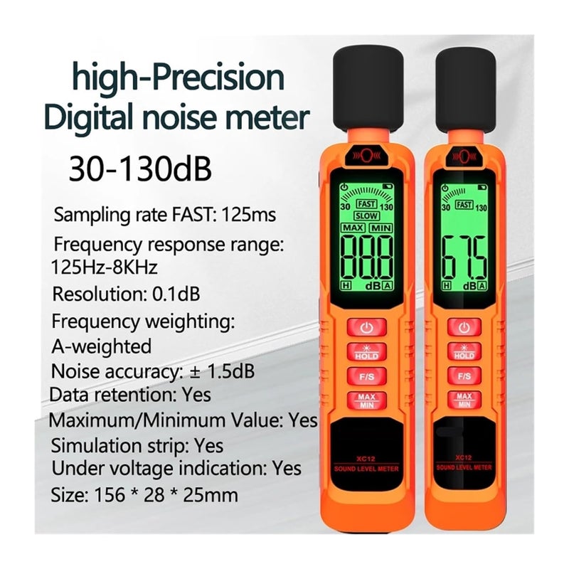 XC12 متر الضوضاء الرقمي عالي الدقة المحمول لاختبار الديسيبل مقياس مستوى الصوت 30-130 ديسيبل - Image 3